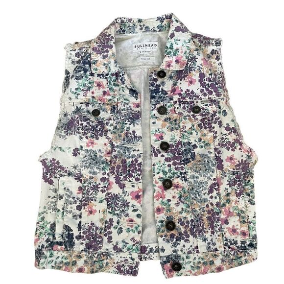 Bullhead ~ White Floral Denim Vest ~ Slim Fit ~ size Small - Picture 3 of 11